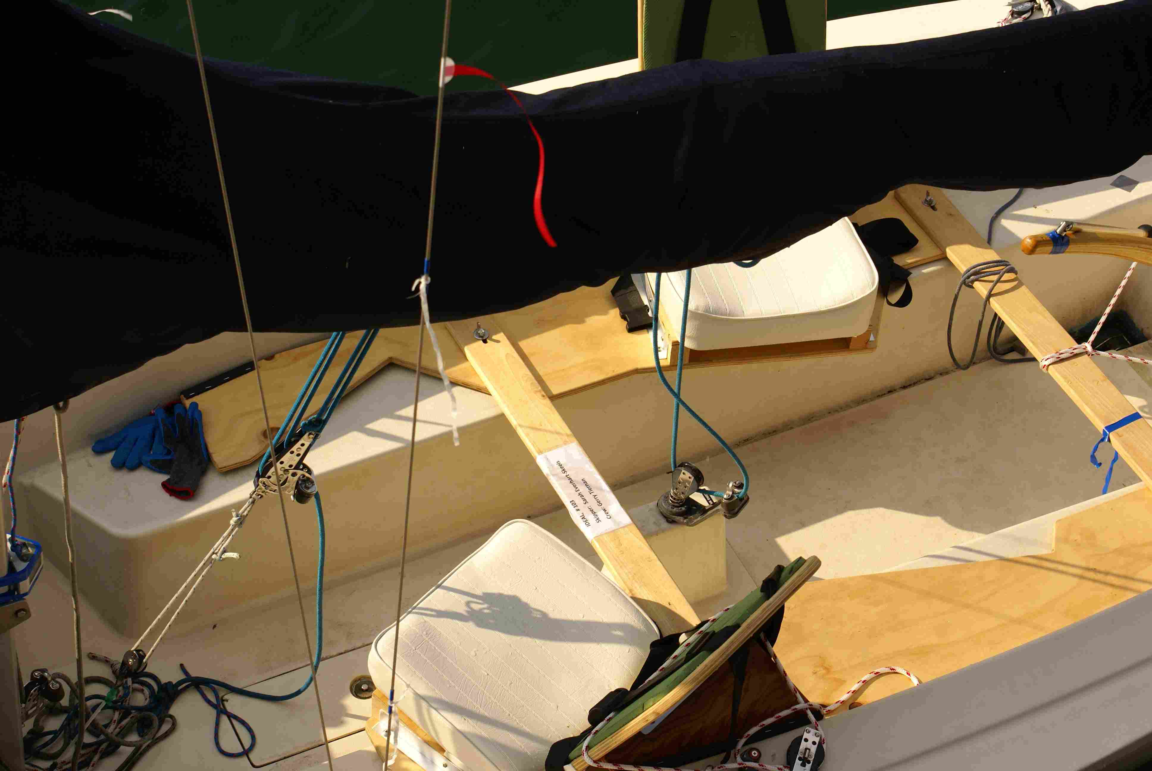 Close up Adaptive retrofit inside hold Ideal 18 racing sailboat
